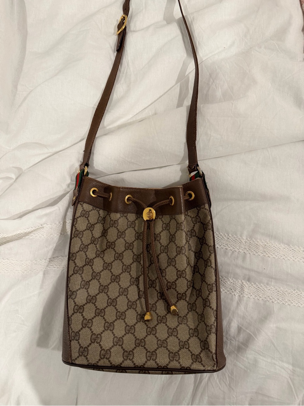 Gucci Brown GG Supreme Canvas Bucket Shoulder Bag with Gold Hardware